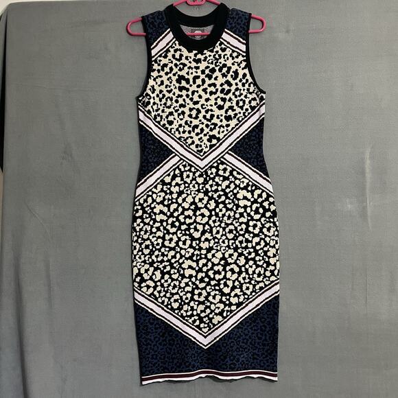 Vince Camuto Dress M Leopard Print Black Blue Sleeveless Stretchy Knit Bodycon - Picture 1 of 5